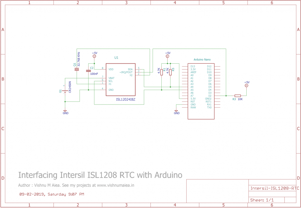 ISL1208 RTC arduino interfacing schematic