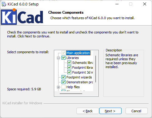 Window for selecting components during installing Kicad version 6