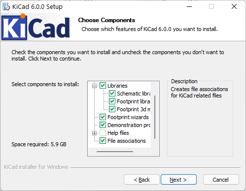 The window for selecting components during installing Kicad version 6