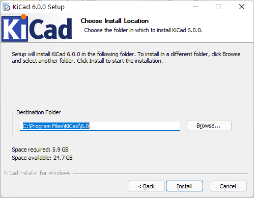 Selecting the install path for KiCad version 6 on a Windows computer