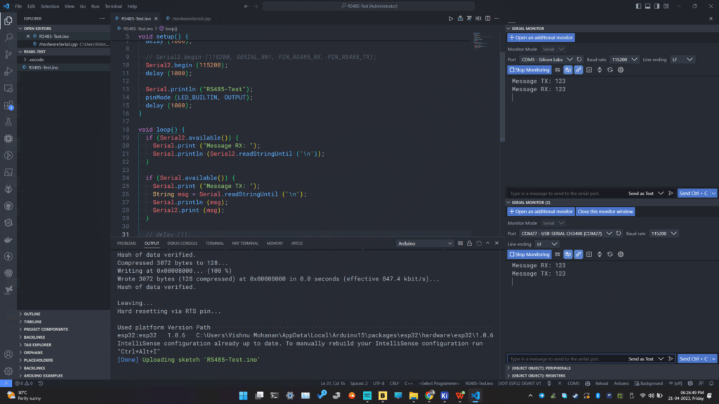 Sending and receiving data through RS-485 using VS Code serial monitor