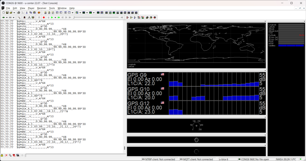U-Center Application for GPS GNSS Evaluation and Testing from ublox No Fix Window