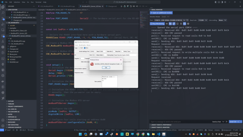 Modbus Mechanic Client Emulator Illegal Data Request to Server by CIRCUITSTATE Electronics