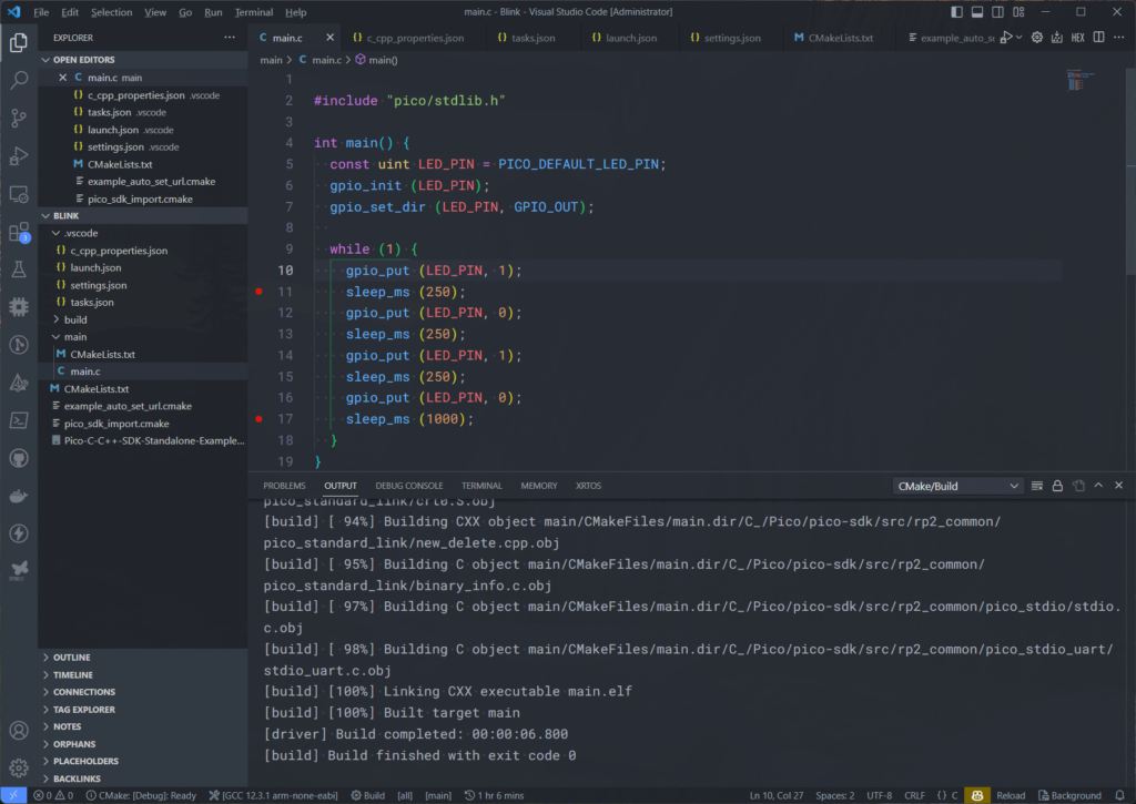 Building Raspberry Pi Pico RP2040 C/C++ Project Using Pico-SDK VS-Code an CMake Build Successful CIRCUITSTATE Electronics