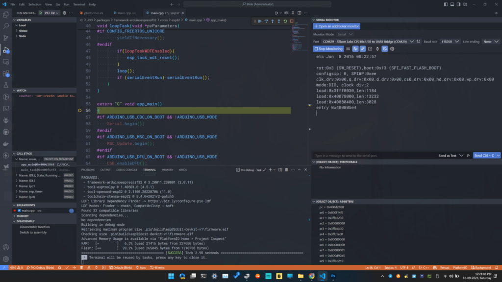 DOIT-ESP32-DevKit-V1 Debugging Arduino Code with PlatformIO VS-Code ESP-Prog Initial Window Screenshot by CIRCUITSTATE Electronics