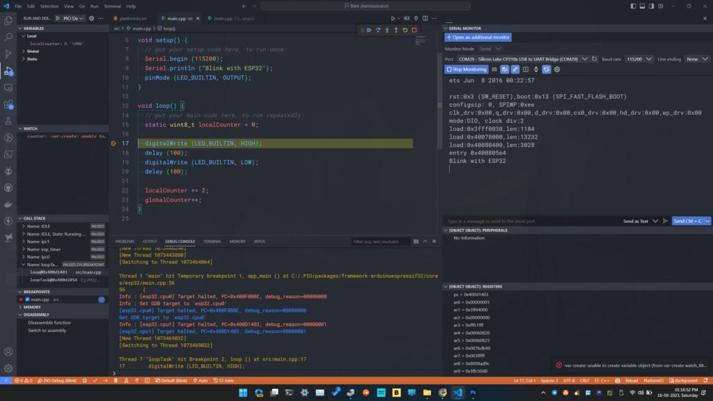 DOIT-ESP32-DevKit-V1 Debugging Arduino Code with PlatformIO VS-Code ESP-Prog Breakpoint Halt on Main Code by CIRCUITSTATE Electronics