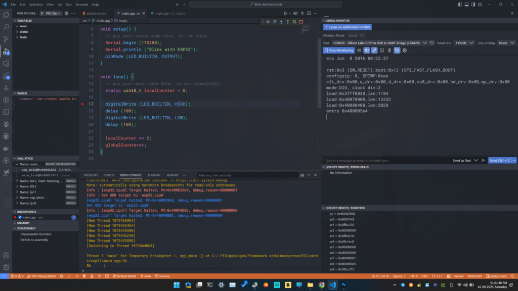 DOIT-ESP32-DevKit-V1 Debugging Arduino Code with PlatformIO VS-Code ESP-Prog Breakpoint on Main Code by CIRCUITSTATE Electronics
