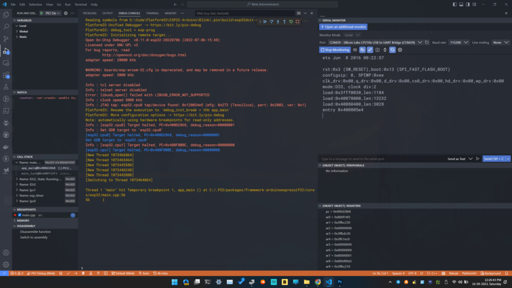 DOIT-ESP32-DevKit-V1 Debugging Arduino Code with PlatformIO VS-Code ESP-Prog Debug Console Window by CIRCUITSTATE Electronics