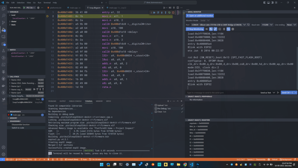 DOIT-ESP32-DevKit-V1 Debugging Arduino Code with PlatformIO VS-Code ESP-Prog Progam Disassembly ASM View by CIRCUITSTATE Electronics