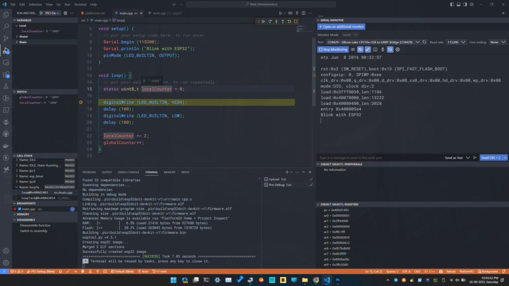 DOIT-ESP32-DevKit-V1 Debugging Arduino Code with PlatformIO VS-Code ESP-Prog Variables Added to Watch List by CIRCUITSTATE Electronics