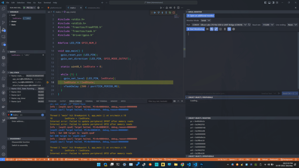 Debugging DOIT-ESP32-DevKit-V1 using ESP-IDF PlatfromIO VS Code and ESP-Prog Debug Window by CIRCUITSTATE Electronics