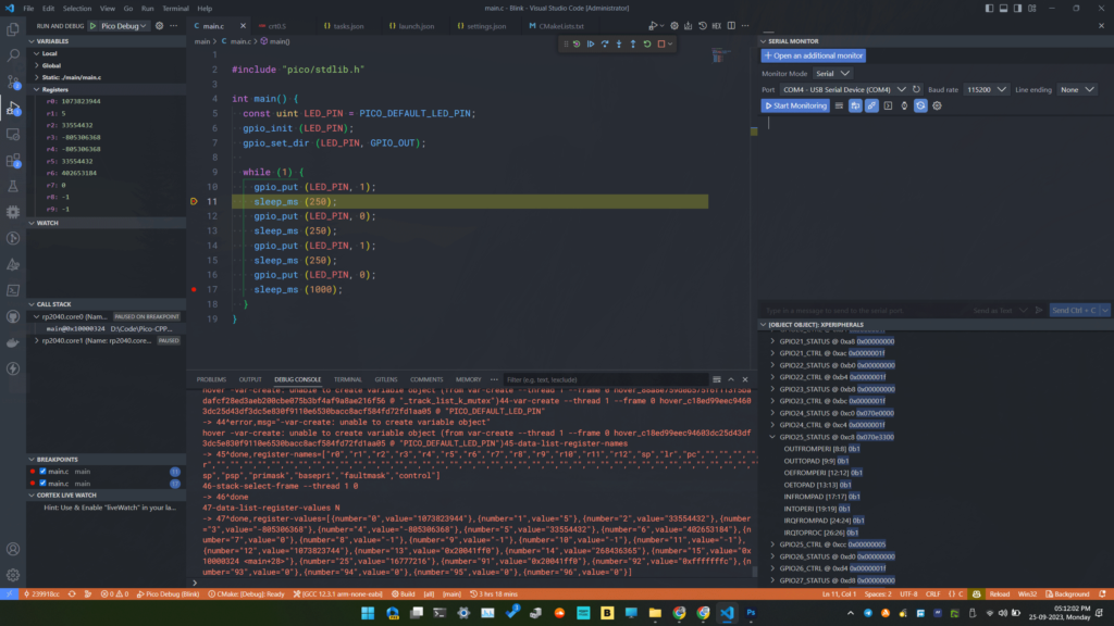 Debugging Raspberry Pi Pico RP2040 C/C++ Project Using Pico-SDK VS-Code and CMake OpenOCD GDB ACtive CIRCUITSTATE Electronics