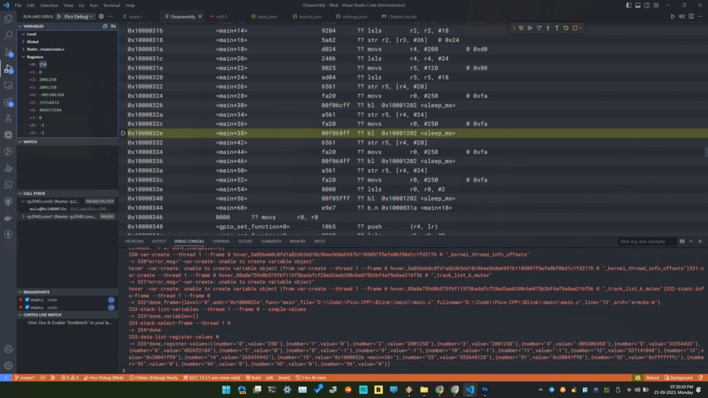 Debugging Raspberry Pi Pico RP2040 C/C++ Project Using Pico-SDK VS-Code and CMake OpenOCD GDB Disassembly View CIRCUITSTATE Electronics