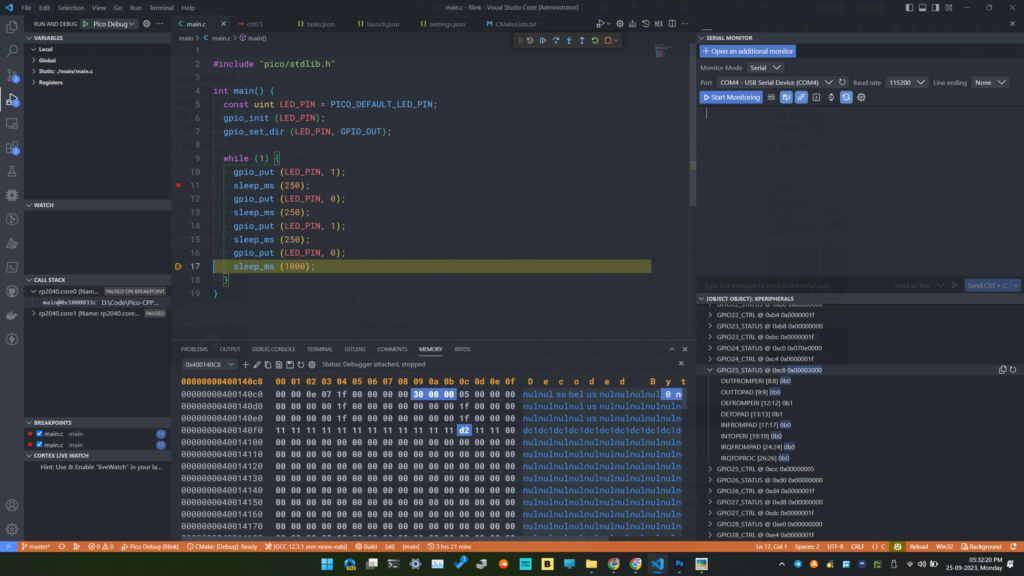 Debugging Raspberry Pi Pico RP2040 C/C++ Project Using Pico-SDK VS-Code and CMake OpenOCD GDB Memory View by CIRCUITSTATE Electronics