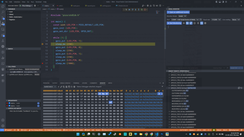 Debugging Raspberry Pi Pico RP2040 C/C++ Project Using Pico-SDK VS-Code and CMake OpenOCD GDB Memory View by CIRCUITSTATE Electronics