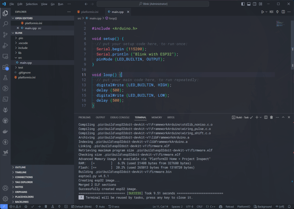 PlatformIO VS Code DOIT ESP32 DevKit V1 Arduino Blink Sketch Screenshot by CIRCUITSTATE Electronics