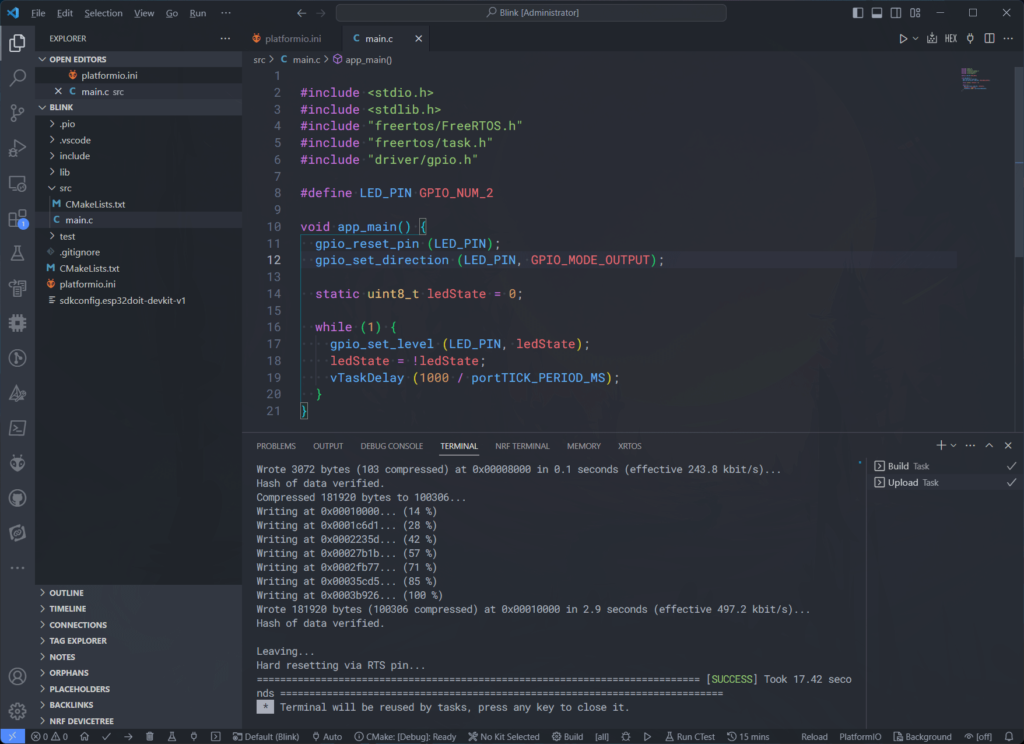 PlatformIO VS Code DOIT ESP32 DevKit V1 ESP-IDF Blink Program Screenshot by CIRCUITSTATE Electronics