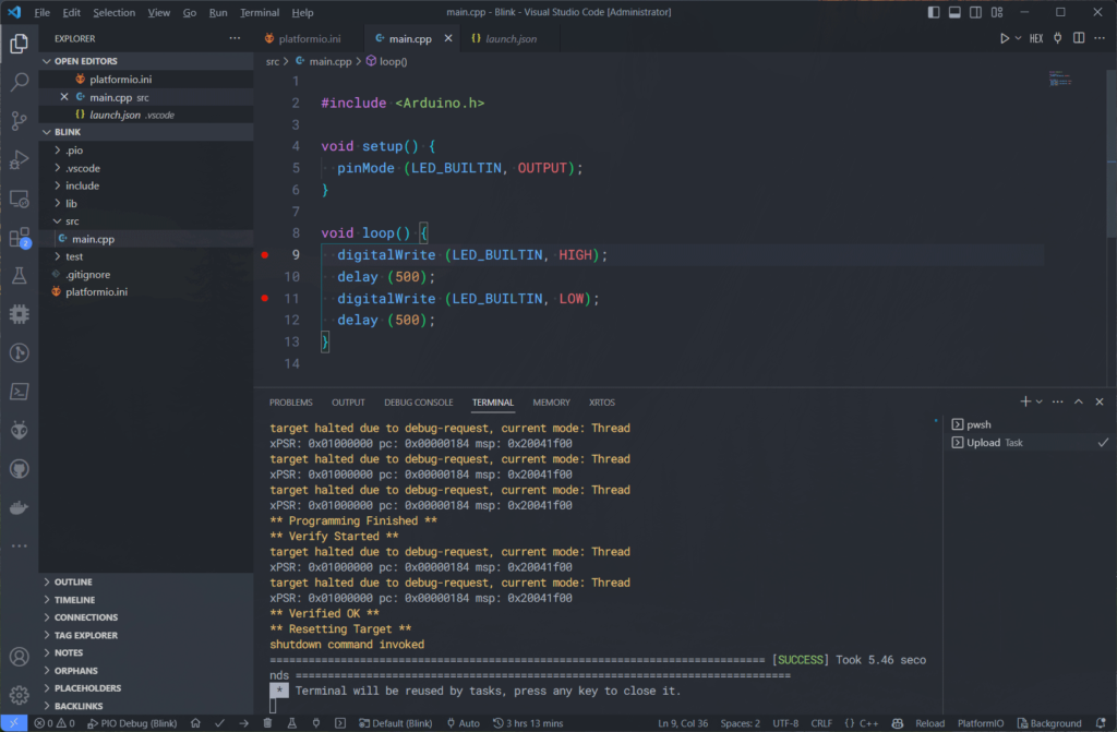 Raspberry Pi Pico RP2040 Code Uploading Through CMSIS-DAP Interface Successful VS Code PlatformIO CIRCUITSTATE Electronics