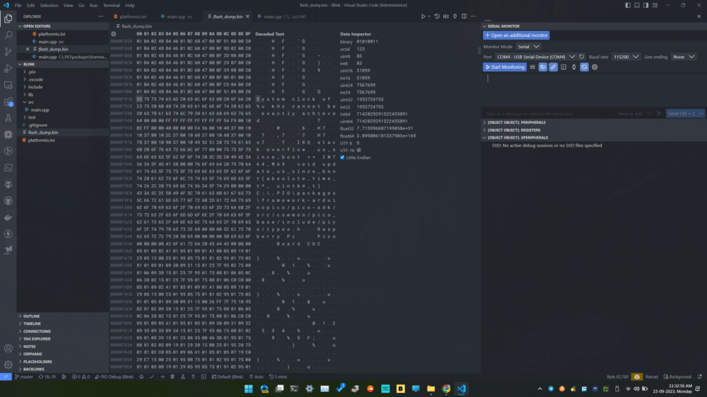 Raspberry Pi Pico RP2040 Debug Probe Debug Session PlatformIO Reading Flash Memory with GDB OpenOCD Inspecting Binary File by CIRCUITSTATE Electronics
