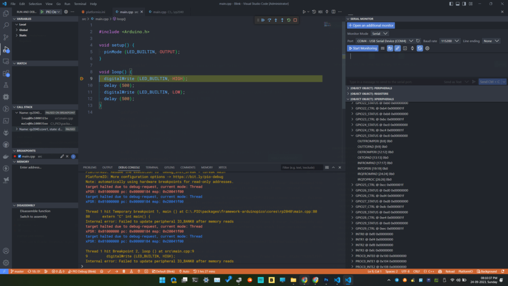 Raspberry Pi Pico RP2040 PlatformIO Arduino Project on VS-Code Debugging Using Debug Probe Breakpoint on Loop by CIRCUITSTAT Electronics