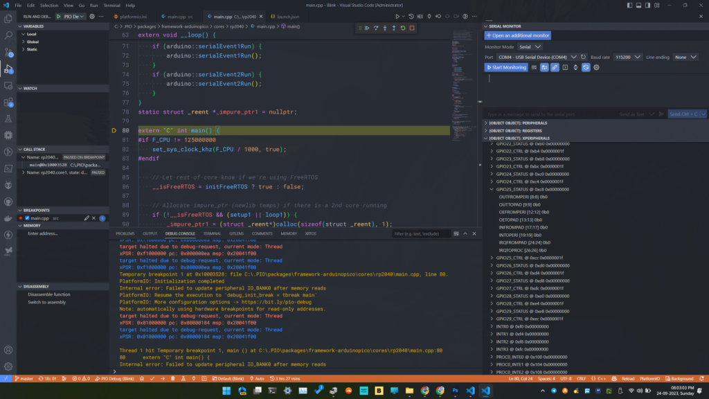 Raspberry Pi Pico RP2040 PlatformIO Arduino Project on VS-Code Debugging Using Debug Probe by CIRCUITSTATE Electronics