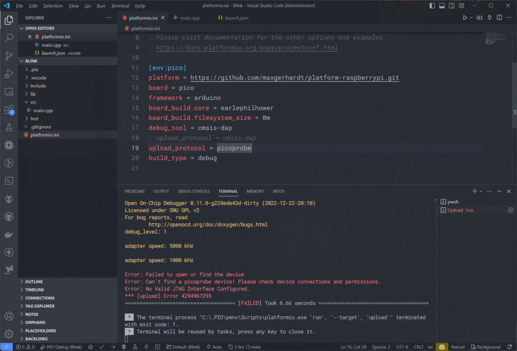 Raspberry Pi Pico RP2040 VS Code PlatformIO Code Uploading Through Picoprobe Fails by CIRCUITSTATE Electronics
