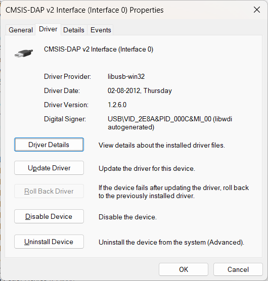 Raspberry Pi Pico Debug Probe USB Device Instances on Windows Device Manager Driver Info by CIRCUITSTATE Electronics
