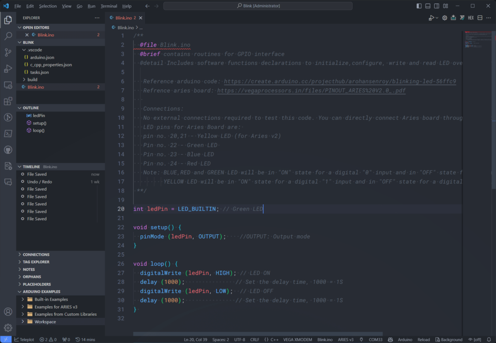 Arduino Blink Sketch Opned in Visual Studio Code with Arduino Extension for C-DAC VEGA Aries V3 Board by CIRCUITSTATE Electronics