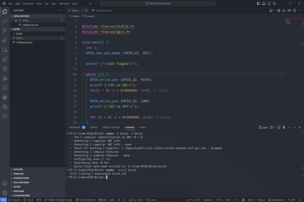 Building VEGA SDK C CPP Project from Visual Studio Code Terminal with Cmake Commands Successful CIRCUITSTATE Electronics