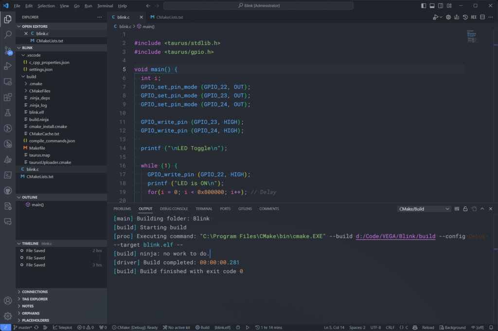Building VEGA SDK Project with CMake Extension and VS Code Build Successful CIRCUITSTATE Electronics