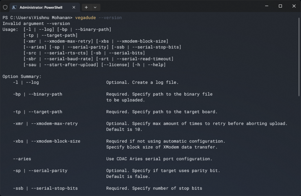 Checking VEGA Vegadude Uploader Tool Version From Windows Terminal Powershell CIRCUITSTATE Electronics
