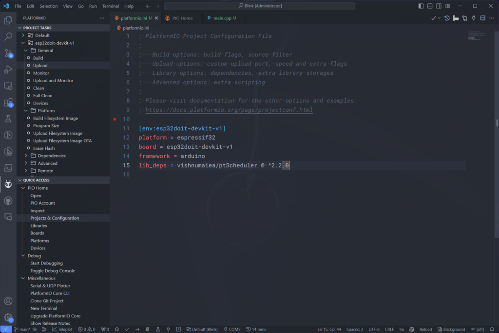 PlatformIO configuration file after adding new library in VS Code by CIRCUITSTATE Electronics