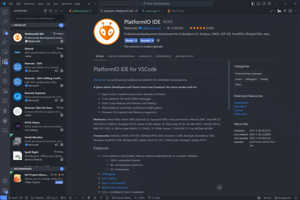 PlatformIO extension installation page in VS Code by CIRCUITSTATE Electronics