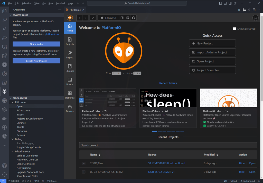 PlatformIO Home Page VS Code Screenshot by CIRCUITSTATE Electronics