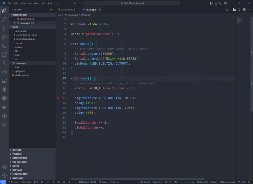 PlatformIO main.cpp file in VS Code by CIRCUITSTATE Electronics
