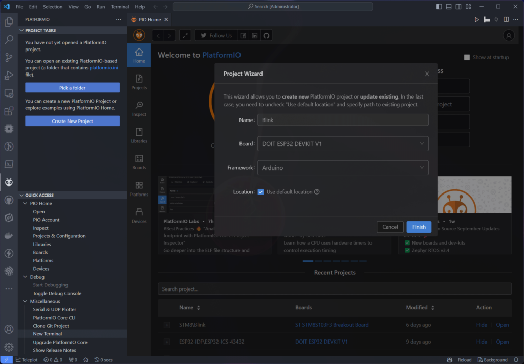 PlatformIO New Project Wizard VS Code Screenshot by CIRCUITSTATE Electronics