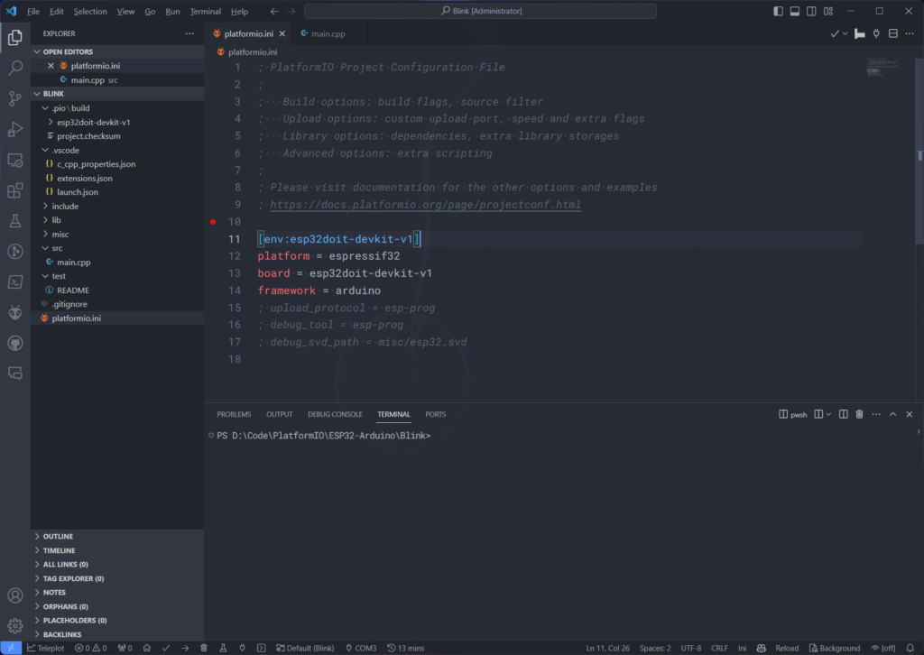 PlatformIO platformio.ini configuration file in VS Code by CIRCUITSTATE Electronics