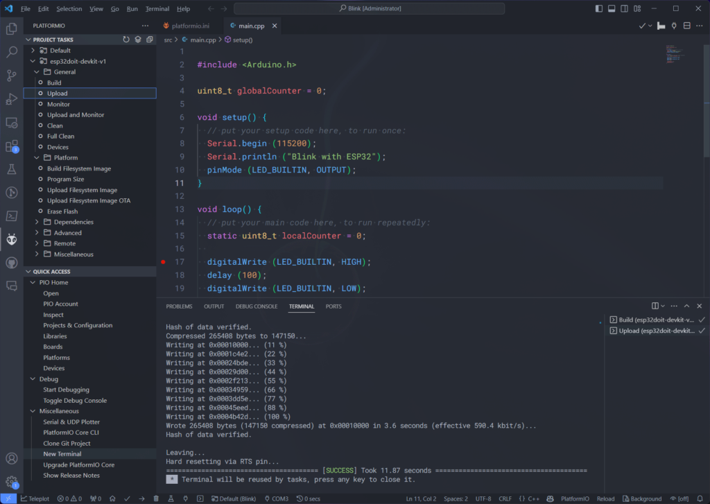 PlatformIO project upload task successful log in VS Code by CIRCUITSTATE Electronics