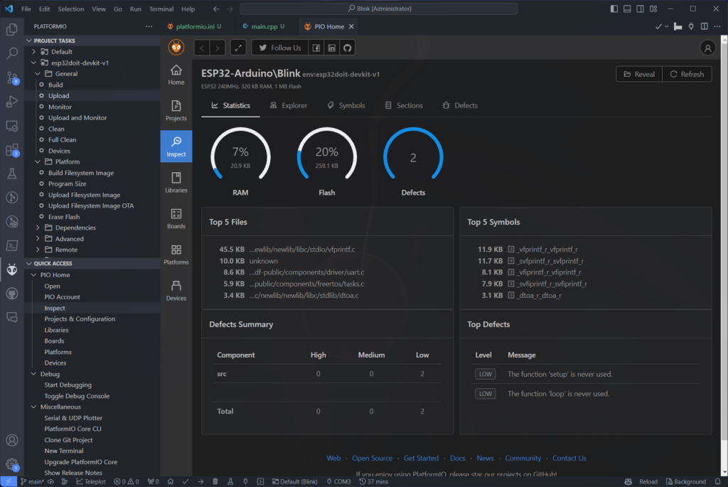 PlatfromIO Static Code Analysis window in VS Code by CIRCUITSTATE Electronics