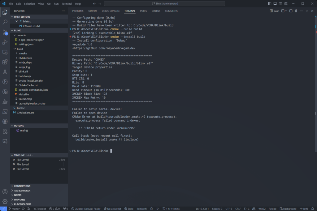 Uploading Code with Vegadude Failed in VS Code CIRCUITSTATE Electronics