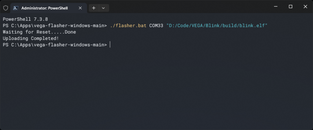 Uploading Firmware to Aries V3 THEJAS32 Board Using Vegaflasher From Windows Terminal Powershell CIRCUITSTATE Electronics