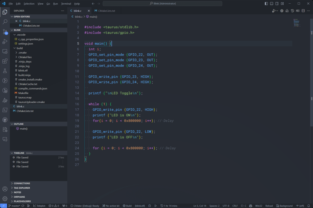VEGA SDK Project in Visual Studio Code Blink Program CIRCUITSTATE Electronics