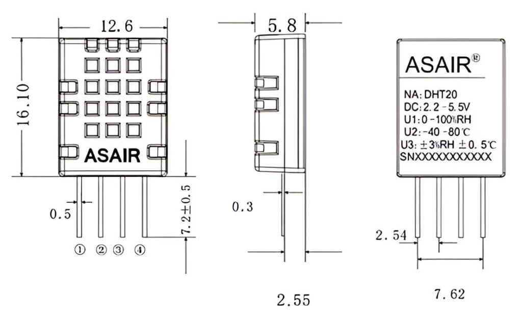 Asair DHT20 Temperature and Humidity Sensor Pinout and Mechanical Dimensions by CIRCUITSTATE Electronics